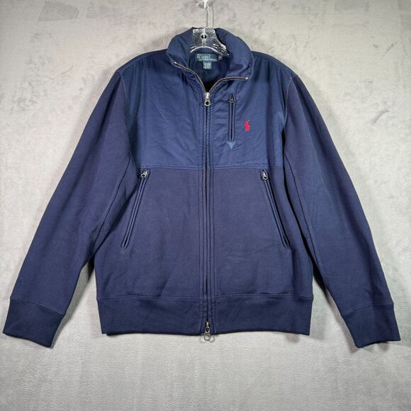 Polo Ralph Lauren Mens Hybrid Fleece Full Zip Jacket M Blue Performance Red Pony - Picture 1 of 8